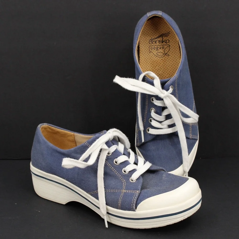 Dansko VEDA Sneaker Clog womens 38 Blue Canvas Lace Up Platform Slip Resistant